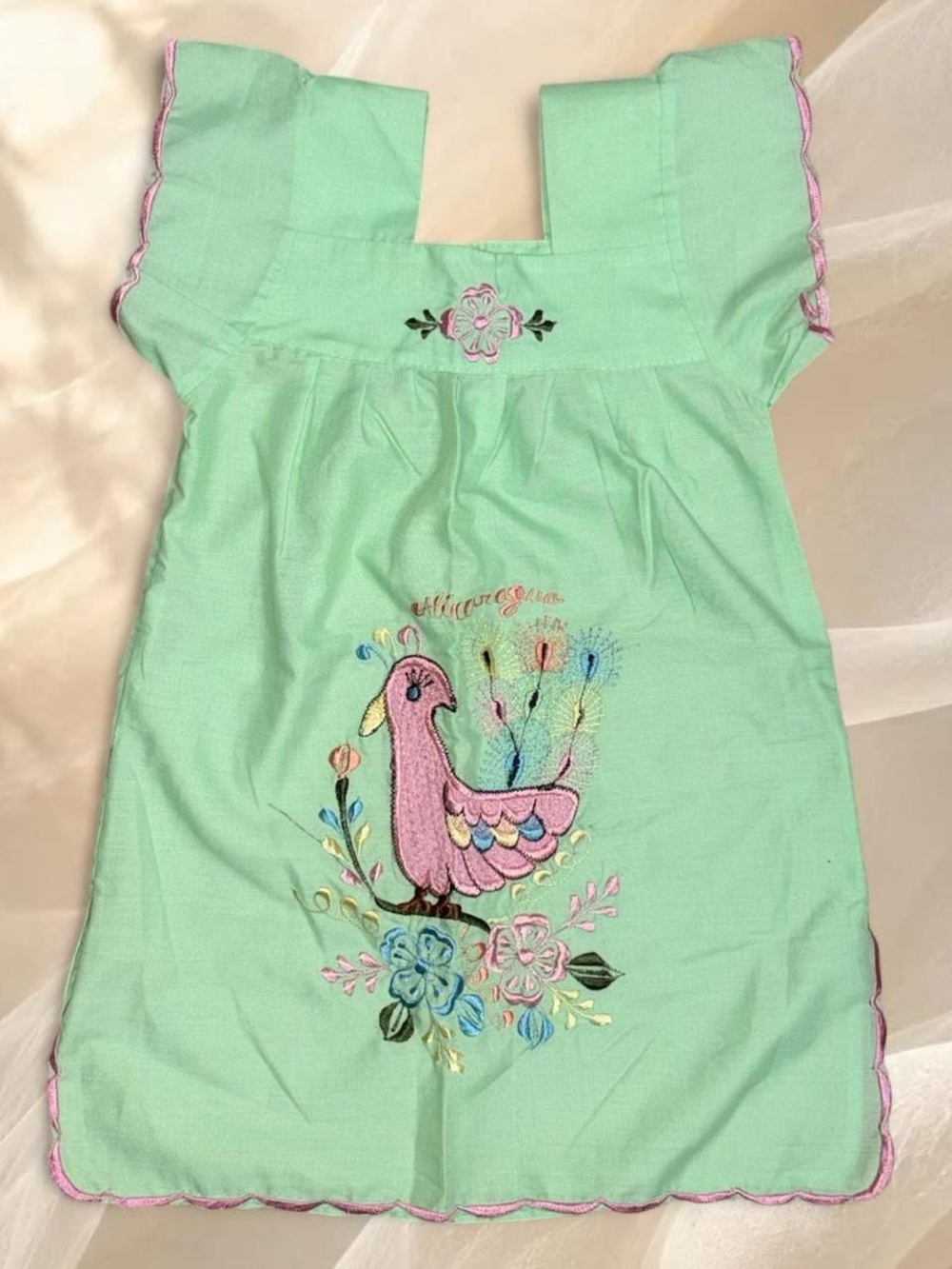 Artisanal Nicaragua Traditional Embroidered Mint Dress 2T 3T
